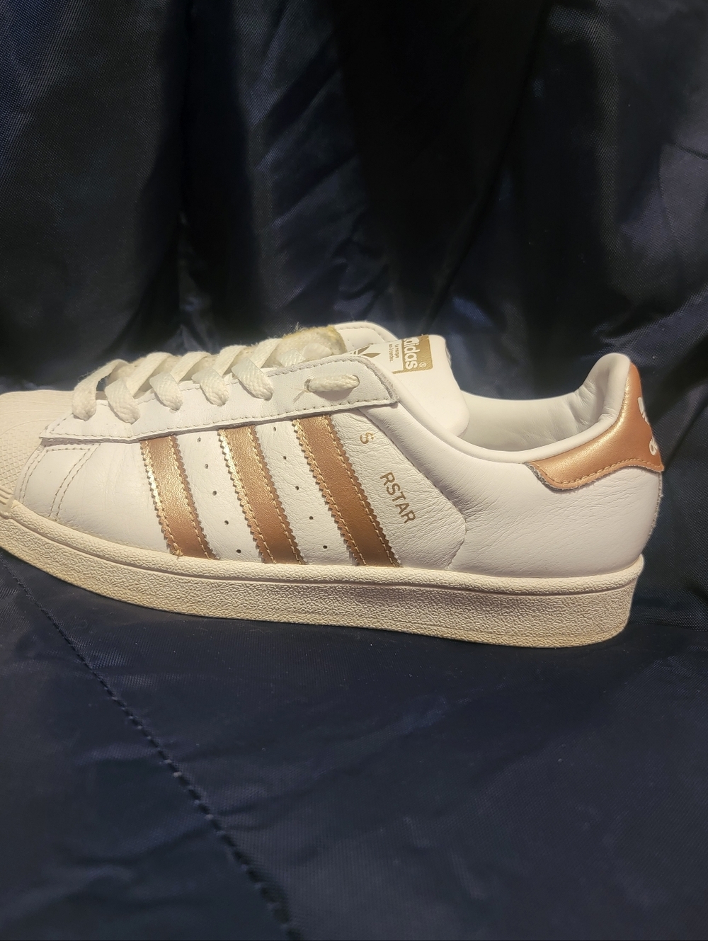 Adidas Superstar White Sneakers with Rose Gold Stripes